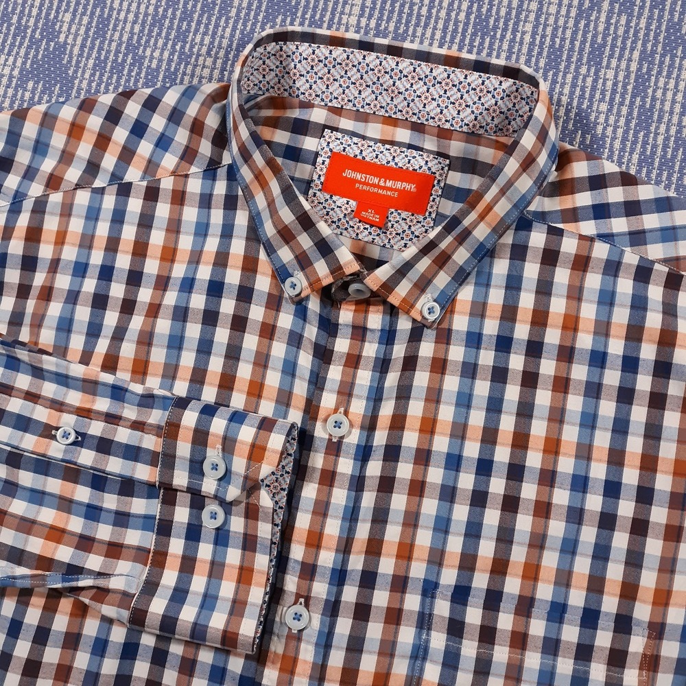 Johnston & Murphy Performance Shirt Mens XL Button Down Blue Orange Plaid Nylon